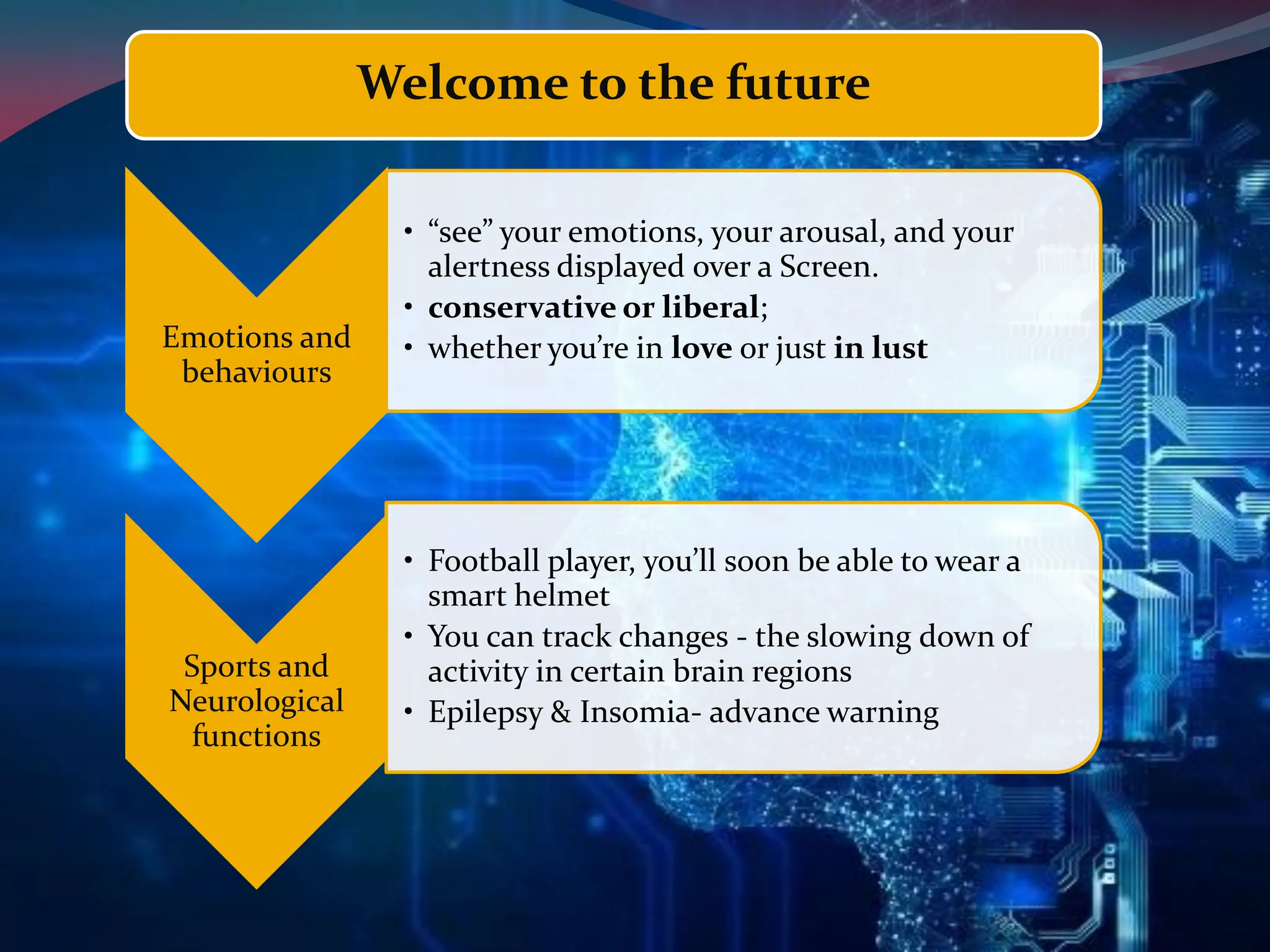 Emotions and
behaviours
• “see” your emotions, your arousal, and your
alertness displayed over a Screen.
• conservative or liberal;
• whether you’re in love or just in lust
Sports and
Neurological
functions
• Football player, you’ll soon be able to wear a
smart helmet
• You can track changes - the slowing down of
activity in certain brain regions
• Epilepsy & Insomia- advance warning
Welcome to the future
 