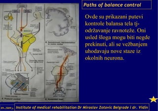Paths of balance control

                                                     Ovde su prikazani putevi
                                                     kontrole balansa tela tj-
                                                     održavanje ravnoteže. Oni
                                                     usled šloga mogu biti negde
                                                     prekinuti, ali se vežbanjem
                                                     uhodavaju nove staze iz
                                                     okolnih neurona.




09-.2009 y.   Institute of medical rehabilitation Dr Miroslav Zotovic Belgrade i dr. Vidin
 