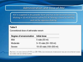 Administration and Dose of PAV
ASV is supplied in dry powder form and has to be reconstituted by
diluting in 10 ml of normal saline/D5 W. Mixing is done by swirling
and not by vigorous shaking.
 