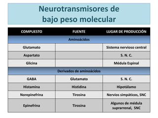 COMPUESTO FUENTE LUGAR DE PRODUCCIÓN
Aminoácidos
Glutamato Sistema nervioso central
Aspartato S. N. C.
Glicina Médula Espinal
Derivados de aminoácidos
GABA Glutamato S. N. C.
Histamina Histidina Hipotálamo
Norepinefrina Tirosina Nervios simpáticos, SNC
Epinefrina Tirosina
Algunos de médula
suprarrenal, SNC
Neurotransmisores de
bajo peso molecular
 