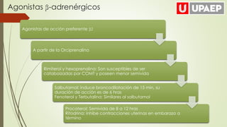 Agonistas β-adrenérgicos
Agonistas de acción preferente β2
A partir de la Orciprenalina
Rimiterol y hexoprenalina: Son susceptibles de ser
cataboizadas por COMT y poseen menor semivida
Salbutamol: induce broncodilatación de 15 min, su
duración de acción es de 6 hras
Fenoterol y Terbutalina: Similares al salbutamol
Procaterol: Semivida de 8 a 12 hras
Ritodrina: inhibe contracciones uterinas en embarazo a
término
 