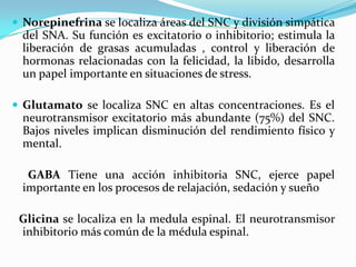  Norepinefrina se localiza áreas del SNC y división simpática
  del SNA. Su función es excitatorio o inhibitorio; estimula la
  liberación de grasas acumuladas , control y liberación de
  hormonas relacionadas con la felicidad, la libido, desarrolla
  un papel importante en situaciones de stress.

 Glutamato se localiza SNC en altas concentraciones. Es el
  neurotransmisor excitatorio más abundante (75%) del SNC.
  Bajos niveles implican disminución del rendimiento físico y
  mental.

   GABA Tiene una acción inhibitoria SNC, ejerce papel
  importante en los procesos de relajación, sedación y sueño

 Glicina se localiza en la medula espinal. El neurotransmisor
 inhibitorio más común de la médula espinal.
 