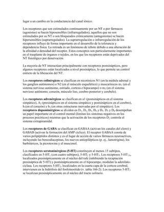 lugar a un cambio en la conductancia del canal iónico.

Los receptores que son estimulados continuamente por un NT o por fármacos
(agonistas) se hacen hiposensibles (infrarregulados); aquellos que no son
estimulados por su NT o son bloqueados crónicamente (antagonistas) se hacen
hipersensibles (suprarregulados). La suprarregulación o infrarregulación de los
receptores influye de forma importante en el desarrollo de la tolerancia y
dependencia física. La retirada es un fenómeno de rebote debido a una alteración de
la afinidad o densidad del receptor. Estos conceptos son particularmente importantes
en el trasplante de órganos o tejidos, en los que los receptores están deprivados del
NT fisiológico por denervación.

La mayoría de NT interactúan principalmente con receptores postsinápticos, pero
algunos receptores están localizados a nivel presináptico, lo que permite un control
estricto de la liberación del NT.

Los receptores colinérgicos se clasifican en nicotínicos N1 (en la médula adrenal y
los ganglios autónomos) o N2 (en el músculo esquelético) y muscarínicos m1 (en el
sistema nervioso autónomo, estriado, corteza e hipocampo) o m2 (en el sistema
nervioso autónomo, corazón, músculo liso, cerebro posterior y cerebelo).

Los receptores adrenérgicos se clasifican en a1 (postsinápticos en el sistema
simpático), A2 (presinápticos en el sistema simpático y postsinápticos en el cerebro),
b1(en el corazón) y b2 (en otras estructuras inervadas por el simpático). Los
receptores dopaminérgicos se dividen en D1, D2, D3, D4 y D5. D3 y D4 desempeñan
un papel importante en el control mental (limitan los síntomas negativos en los
procesos psicóticos) mientras que la activación de los receptores D2 controla el
sistema extrapiramidal.

Los receptores de GABA se clasifican en GABAA (activan los canales del cloro) y
GABAB (activan la formación del AMP cíclico). El receptor GABAA consta de
varios polipéptidos distintos y es el lugar de acción de varios fármacos neuroactivos,
incluyendo las benzodiacepinas, los nuevos antiepilépticos (p. ej., lamotrigina), los
barbitúricos, la picrotoxina y el muscimol.

Los receptores serotoninérgicos (5-HT) constituyen al menos 15 subtipos,
clasificados en 5-HT1 (con cuatro subtipos), 5-HT2 y 5-HT3. Los receptores 5-HT1A,
localizados presinápticamente en el núcleo del rafe (inhibiendo la recaptación
presináptica de 5-HT) y postsinápticamente en el hipocampo, modulan la adenilato-
ciclasa. Los receptores 5-HT2, localizados en la cuarta capa de la corteza cerebral,
intervienen en la hidrólisis del fosfoinosítido (v. tabla 166-2). Los receptores 5-HT3
se localizan presinápticamente en el núcleo del tracto solitario.
 