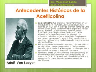 Dra. Maira Pratt Batista
Bach. Anelffry Reyes

Antecedentes Históricos de la
Acetilcolina






Adolf Von Baeyer

La acetilcolina fue el primer neurotransmisor en ser
descubierto en 1867 por Adolf von Baeyer. Fue
aislado en 1921 por in biólogo alemán llamado Otto
Loewi, quien ganó posteriormente el premio Nobel
por su trabajo. La acetilcolina tiene muchas
funciones: es la responsable de mucha de la
estimulación de los músculos, incluyendo los
músculos del sistema gastro-intestinal. También se
encuentra en neuronas sensoriales y en el sistema
nervioso autónomo, y participa en la programación
del sueño REM.
El famoso veneno botulina funciona bloqueando la
acetilcolina, causando parálisis. El derivado de la
botulina llamado botox se usa por muchas personas
para eliminar temporalmente las arrugas.
También existe un vínculo entre la acetilcolina y la
enfermedad de Alzheimer: hay una pérdida de
cerca de un 90 % de la acetilcolina en los cerebros
de personas que sufren de esta enfermedad
debilitante.

 