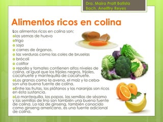 Dra. Maira Pratt Batista
Bach. Anelffry Reyes

Alimentos ricos en colina
Los alimentos ricos en colina son:
las yemas de huevo
trigo
 soja
 carnes de órganos.
 las verduras como las coles de bruselas
 brócoli
 coliflor
 repollo y tomates contienen altos niveles de
colina, al igual que los frijoles negros, frijoles,
cacahuete y mantequilla de cacahuete.
Los granos como la avena, el maíz y la cebada
son una buena fuente de colina.
Entre las frutas, los plátanos y las naranjas son ricos
en ésta sustancia.
La mantequilla, las papas, las semillas de sésamo
y las semillas de lino son también una buena fuente
de colina. La raíz de ginseng, también conocido
como ginseng americano, es una fuente adicional
de colina.

 