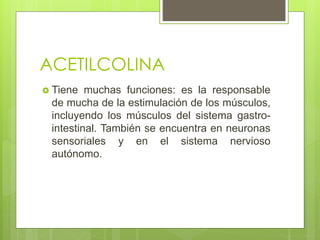 ACETILCOLINA
 Tiene muchas funciones: es la responsable
de mucha de la estimulación de los músculos,
incluyendo los músculos del sistema gastro-
intestinal. También se encuentra en neuronas
sensoriales y en el sistema nervioso
autónomo.
 