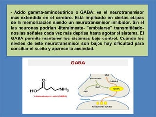 · Ácido gamma-aminobutírico o GABA: es el neurotransmisor
más extendido en el cerebro. Está implicado en ciertas etapas
de la memorización siendo un neurotransmisor inhibidor. Sin él
las neuronas podrían -literalmente- "embalarse" transmitiéndo-
nos las señales cada vez más deprisa hasta agotar el sistema. El
GABA permite mantener los sistemas bajo control. Cuando los
niveles de este neurotransmisor son bajos hay dificultad para
conciliar el sueño y aparece la ansiedad.
 