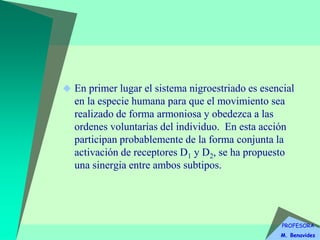 PROFESORA
M. Benavides
 En primer lugar el sistema nigroestriado es esencial
en la especie humana para que el movimiento sea
realizado de forma armoniosa y obedezca a las
ordenes voluntarias del individuo. En esta acción
participan probablemente de la forma conjunta la
activación de receptores D1 y D2, se ha propuesto
una sinergia entre ambos subtipos.
 