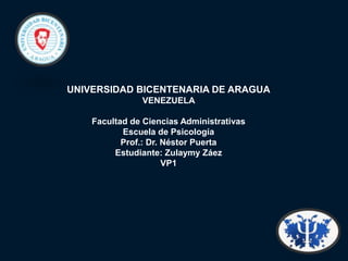 UNIVERSIDAD BICENTENARIA DE ARAGUA
VENEZUELA
Facultad de Ciencias Administrativas
Escuela de Psicología
Prof.: Dr. Néstor Puerta
Estudiante: Zulaymy Záez
VP1
 