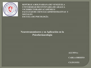 REPÚBLICA BOLIVARIANA DE VENEZUELA
UNIVERSIDAD BICENTENARIA DE ARAGUA
VICERRECTORADO ACADÉMICO
FACULTAD DE CIENCIAS ADMINISTRATIVAS Y
SOCIALES
ESCUELA DE PSICOLOGÍA
Neurotransmisores y su Aplicación en la
Psicofarmacología
ALUMNA:
CARLA OBERTO
CI:25131521
 