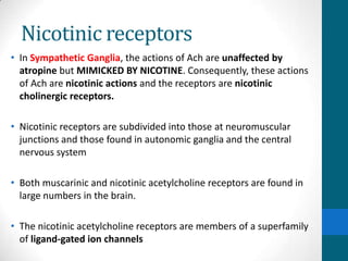 Nicotinic receptors
• In Sympathetic Ganglia, the actions of Ach are unaffected by
atropine but MIMICKED BY NICOTINE. Consequently, these actions
of Ach are nicotinic actions and the receptors are nicotinic
cholinergic receptors.
• Nicotinic receptors are subdivided into those at neuromuscular
junctions and those found in autonomic ganglia and the central
nervous system
• Both muscarinic and nicotinic acetylcholine receptors are found in
large numbers in the brain.
• The nicotinic acetylcholine receptors are members of a superfamily
of ligand-gated ion channels
 
