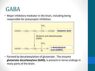 GABA
• Major inhibitory mediator in the brain, including being
responsible for presynaptic inhibition.
• Formed by decarboxylation of glutamate . The enzyme
glutamate decarboxylase (GAD), is present in nerve endings in
many parts of the brain.
 