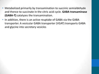 • Metabolized primarily by transamination to succinic semialdehyde
and thence to succinate in the citric acid cycle. GABA transaminase
(GABA-T) catalyzes the transamination.
• In addition, there is an active reuptake of GABA via the GABA
transporter. A vesicular GABA transporter (VGAT) transports GABA
and glycine into secretory vesicles
 