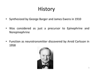 History Synthesized by George Barger and James Ewens in 1910 Was considered as just a precursor to Epinephrine and Norepinephrine Function as neurotransmitter discovered by Arvid Carlsson in 1958 