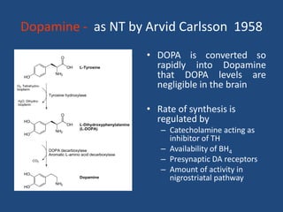 Dopamine - as NT by Arvid Carlsson 1958
                    • DOPA is converted so
                      rapidly into Dopamine
                      that DOPA levels are
                      negligible in the brain

                    • Rate of synthesis is
                      regulated by
                       – Catecholamine acting as
                         inhibitor of TH
                       – Availability of BH4
                       – Presynaptic DA receptors
                       – Amount of activity in
                         nigrostriatal pathway
 