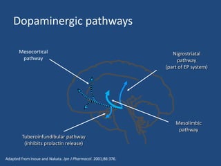 Dopaminergic pathways

       Mesocortical                                               Nigrostriatal
        pathway                                                     pathway
                                                               (part of EP system)




                                                                   Mesolimbic
                                                                    pathway
        Tuberoinfundibular pathway
         (inhibits prolactin release)

Adapted from Inoue and Nakata. Jpn J Pharmacol. 2001;86:376.
 