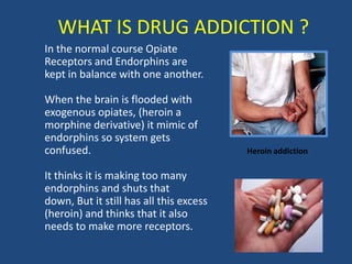 WHAT IS DRUG ADDICTION ?
In the normal course Opiate
Receptors and Endorphins are
kept in balance with one another.

When the brain is flooded with
exogenous opiates, (heroin a
morphine derivative) it mimic of
endorphins so system gets
confused.                                Heroin addiction

It thinks it is making too many
endorphins and shuts that
down, But it still has all this excess
(heroin) and thinks that it also
needs to make more receptors.
 