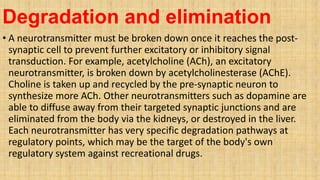 Degradation and elimination
• A neurotransmitter must be broken down once it reaches the post-
synaptic cell to prevent further excitatory or inhibitory signal
transduction. For example, acetylcholine (ACh), an excitatory
neurotransmitter, is broken down by acetylcholinesterase (AChE).
Choline is taken up and recycled by the pre-synaptic neuron to
synthesize more ACh. Other neurotransmitters such as dopamine are
able to diffuse away from their targeted synaptic junctions and are
eliminated from the body via the kidneys, or destroyed in the liver.
Each neurotransmitter has very specific degradation pathways at
regulatory points, which may be the target of the body's own
regulatory system against recreational drugs.
 