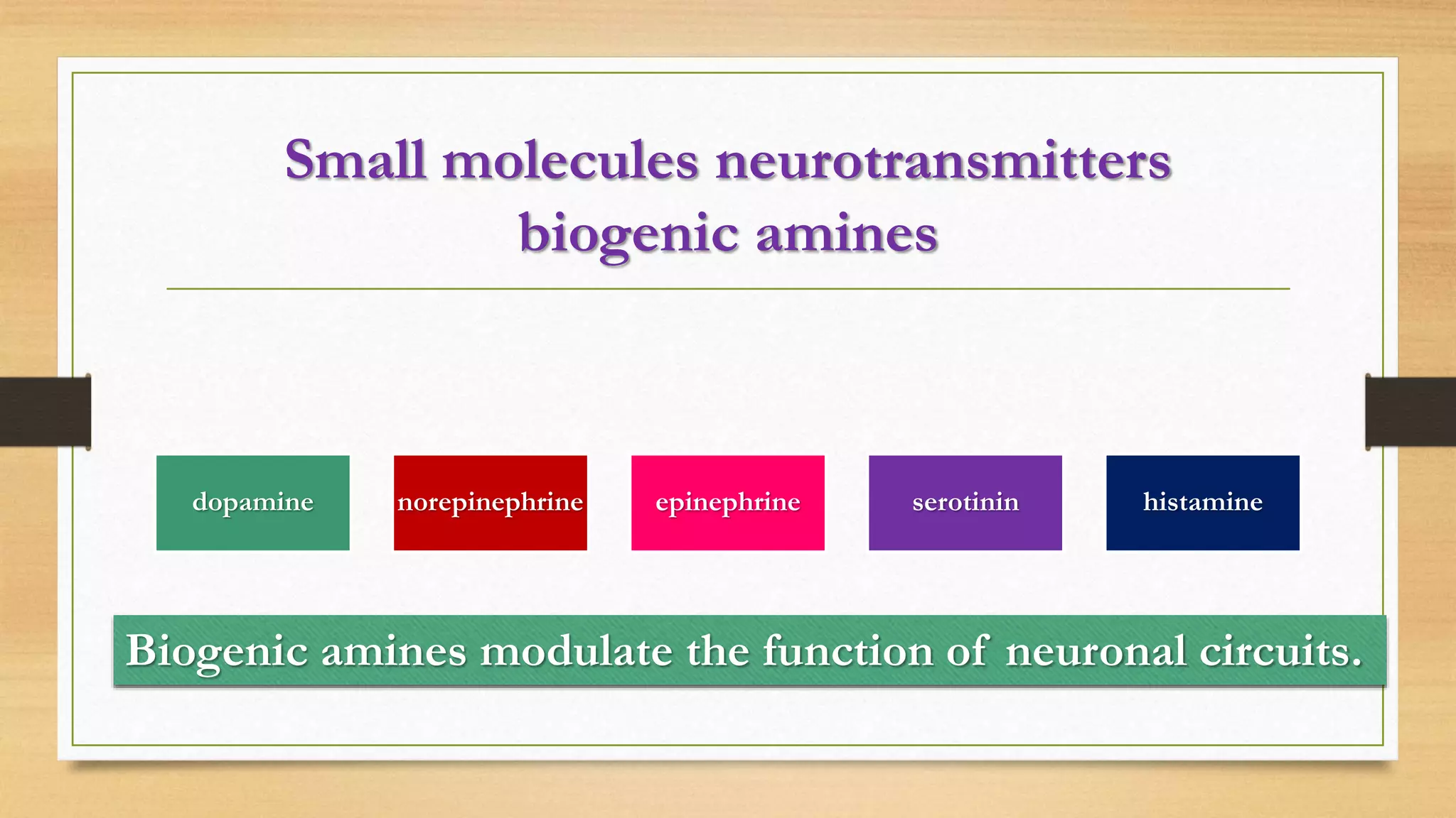 Small molecules neurotransmitters
biogenic amines
dopamine norepinephrine epinephrine serotinin histamine
Biogenic amines modulate the function of neuronal circuits.
 