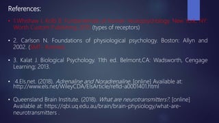 References:
• 1.Whishaw I, Kolb B. Fundamentals of human neuropsychology. New York, NY:
Worth Custom Publishing; 2015 (types of receptors)
• 2. Carlson N. Foundations of physiological psychology. Boston: Allyn and
2002. (SMT- Amines)
• 3. Kalat J. Biological Psychology. 11th ed. Belmont,CA: Wadsworth, Cengage
Learning; 2013.
• 4.Els.net. (2018). Adrenaline and Noradrenaline. [online] Available at:
http://www.els.net/WileyCDA/ElsArticle/refId-a0001401.html
• Queensland Brain Institute. (2018). What are neurotransmitters?. [online]
Available at: https://qbi.uq.edu.au/brain/brain-physiology/what-are-
neurotransmitters .
 
