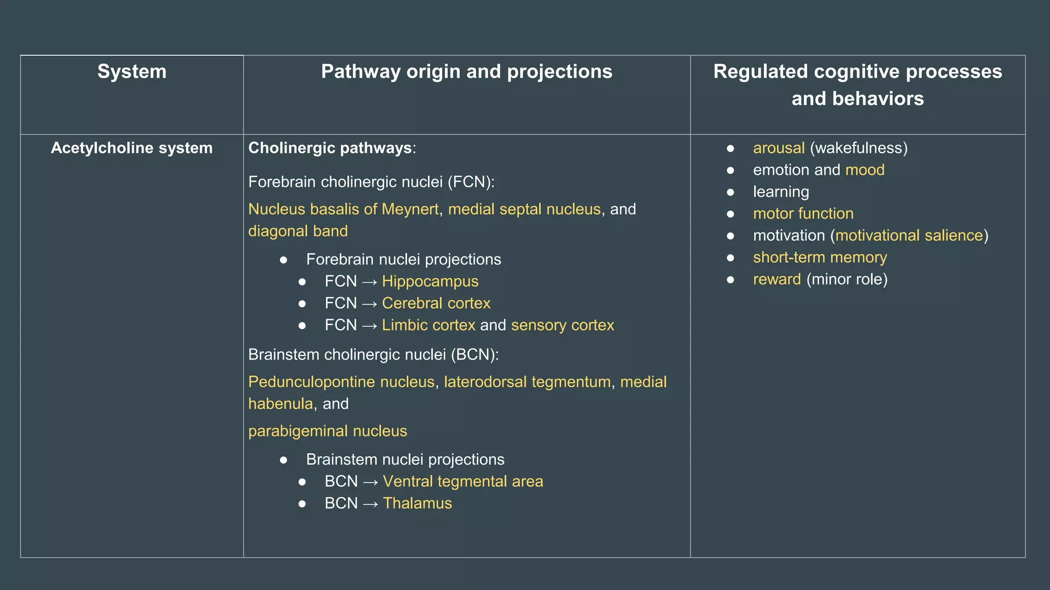 System Pathway origin and projections Regulated cognitive processes
and behaviors
Acetylcholine system Cholinergic pathways:
Forebrain cholinergic nuclei (FCN):
Nucleus basalis of Meynert, medial septal nucleus, and
diagonal band
● Forebrain nuclei projections
● FCN → Hippocampus
● FCN → Cerebral cortex
● FCN → Limbic cortex and sensory cortex
Brainstem cholinergic nuclei (BCN):
Pedunculopontine nucleus, laterodorsal tegmentum, medial
habenula, and
parabigeminal nucleus
● Brainstem nuclei projections
● BCN → Ventral tegmental area
● BCN → Thalamus
● arousal (wakefulness)
● emotion and mood
● learning
● motor function
● motivation (motivational salience)
● short-term memory
● reward (minor role)
 