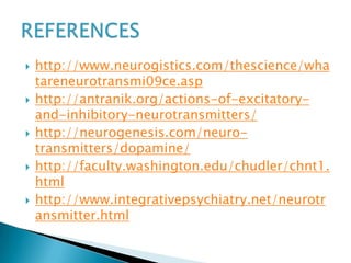  http://www.neurogistics.com/thescience/wha
tareneurotransmi09ce.asp
 http://antranik.org/actions-of-excitatory-
and-inhibitory-neurotransmitters/
 http://neurogenesis.com/neuro-
transmitters/dopamine/
 http://faculty.washington.edu/chudler/chnt1.
html
 http://www.integrativepsychiatry.net/neurotr
ansmitter.html
 
