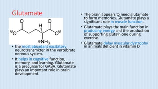 Glutamate
• the most abundant excitatory
neurotransmitter in the vertebrate
nervous system.
• It helps in cognitive function,
memory, and learning. Glutamate
is a precursor for GABA. Glutamate
plays an important role in brain
development.
• The brain appears to need glutamate
to form memories. Glutamate plays a
significant role in muscle function.
• Glutamate plays the main function in
producing energy and the production
of supporting glutathione during
exercise.
• Glutamate delay muscular dystrophy
in animals deficient in vitamin D
 