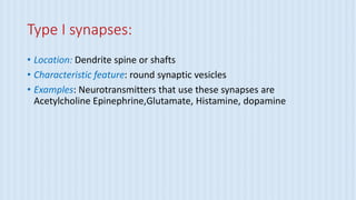 Type I synapses:
• Location: Dendrite spine or shafts
• Characteristic feature: round synaptic vesicles
• Examples: Neurotransmitters that use these synapses are
Acetylcholine Epinephrine,Glutamate, Histamine, dopamine
 