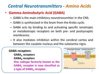 Central Neurotransmitters - Amino Acids
• Gamma-Aminobutyric Acid (GABA)
– GABA is the main inhibitory neurotransmitter in the CNS.
– GABA is synthesized in the brain from the Krebs cycle.
– GABA acts by binding to and activating specific ionotropic
or metabotropic receptors on both pre- and postsynaptic
membranes.
– It also mediates inhibition within the cerebral cortex and
between the caudate nucleus and the substantia nigra.
12
GABA receptors:
GABAA receptors
GABAB receptors
One subtype formerly known as the
GABAC receptor is now classified as
a type of GABAA receptor.
 
