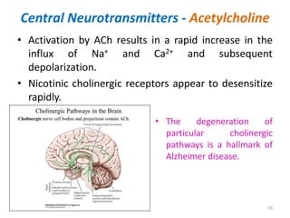Central Neurotransmitters - Acetylcholine
• Activation by ACh results in a rapid increase in the
influx of Na+ and Ca2+ and subsequent
depolarization.
• Nicotinic cholinergic receptors appear to desensitize
rapidly.
19
• The degeneration of
particular cholinergic
pathways is a hallmark of
Alzheimer disease.
 