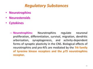 Regulatory Substances
• Neurotrophins
• Neurosteroids
• Cytokines
– Neurotrophins: Neurotrophins regulate neuronal
proliferation, differentiation, survival, migration, dendritic
arborization, synaptogenesis, and activity-dependent
forms of synaptic plasticity in the CNS. Biological effects of
neurotrophins and pro-NTs are mediated by the Trk family
of tyrosine kinase receptors and the p75 neurotrophins
receptor.
36
 