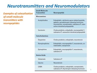 Neurotransmitters and Neuromodulators
5
Examples of colocalization
of small-molecule
transmitters with
neuropeptides
 