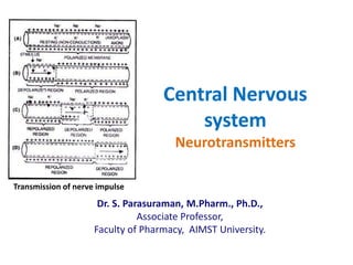 Central Nervous
system
Neurotransmitters
Dr. S. Parasuraman, M.Pharm., Ph.D.,
Associate Professor,
Faculty of Pharmacy, AIMST University.
Transmission of nerve impulse
 