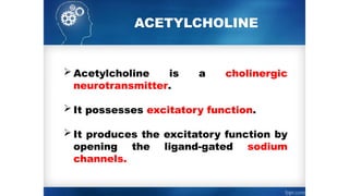 ACETYLCHOLINE
 Acetylcholine is a cholinergic
neurotransmitter.
 It possesses excitatory function.
 It produces the excitatory function by
opening the ligand-gated sodium
channels.
 