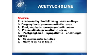 ACETYLCHOLINE
Source
It is released by the following nerve endings:
1. Preganglionic parasympathetic nerve
2. Postganglionic parasympathetic nerve
3. Preganglionic sympathetic nerve
4. Postganglionic sympathetic cholinergic
nerves
5. Neuromuscular junction
6. Many regions of brain
 