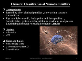 Chemical Classification of Neurotransmitters:
 Neuropeptides
• formed by short chained peptides , slow acting synaptic
transmitters.
• Egs are Substance P , Endorphins and Enkephalins ,
Somatostatin, gastrin, cholecystokinin, oxytocin, vasopressin,
Leutinizing hormone releasing hormone (LHRH)
 Purines
• Adenosine
• ATP
 Gases and Lipids
• Nitric Oxide (NO)
• Carbonmonooxide (CO)
• Cannabinoids
2/18/2015 ANCY KURIAN IMSc. Neurotransmitters 12
 
