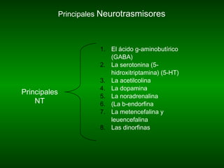 Principales Neurotrasmisores
1. El ácido g-aminobutírico
(GABA)
2. La serotonina (5-
hidroxitriptamina) (5-HT)
3. La acetilcolina
4. La dopamina
5. La noradrenalina
6. (La b-endorfina
7. La metencefalina y
leuencefalina
8. Las dinorfinas
Principales
NT
 