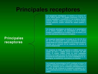Principales receptores
Los receptores colinérgicos: se clasifican en nicotínico N1
(en la médula adrenal y los ganglios autónomos) o N2 (en el
músculo esquelético) y muscarínicos m1 (en el sistema nervioso
autónomo, estriado, corteza e hipocampo) o m2 (en el sistema
nervioso autónomo, corazón, músculo liso, cerebro posterior y
cerebelo).
Los receptores adrenérgicos: se clasifican en a1 (postsinápticos
en el sistema simpático), A2 (presinápticos en el sistema
simpático y postsinápticos en el cerebro), b1(en el corazón) y b2
(en otras estructuras inervadas por el simpático).
Los receptores dopaminérgicos: se dividen en D1, D2, D3, D4 y
D5. D3 y D4 desempeñan un papel importante en el control
mental (limitan los síntomas negativos en los procesos psicóticos)
mientras que la activación de los receptores D2 controla el
sistema extrapiramidal
Los receptores de GABA: se clasifican en GABAA (activan los
canales del cloro) y GABAB (activan la formación del AMP
cíclico). El receptor GABAA consta de varios polipéptidos
distintos y es el lugar de acción de varios fármacos neuroactivos,
incluyendo las benzodiacepinas, los nuevos antiepilépticos (p. ej.,
lamotrigina), los barbitúricos, la picrotoxina y el muscimol.
Los receptores serotoninérgicos (5-HT) constituyen al menos 15
subtipos, clasificados en 5-HT1 (con cuatro subtipos), 5-HT2 y 5-
HT3. Los receptores 5-HT1A, localizados presinápticamente en
el núcleo del rafe (inhibiendo la recaptación presináptica de 5-
HT) y postsinápticamente en el hipocampo, modulan la adenilato-
ciclasa.
Principales
receptores
 