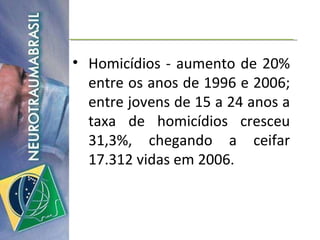 Homicídios - aumento de 20% entre os anos de 1996 e 2006; entre jovens de 15 a 24 anos a taxa de homicídios cresceu 31,3%, chegando a ceifar 17.312 vidas em 2006. 