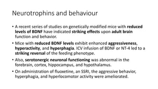 Neurotrophins and behaviour
• A recent series of studies on genetically modified mice with reduced
levels of BDNF have indicated striking effects upon adult brain
function and behavior.
• Mice with reduced BDNF levels exhibit enhanced aggressiveness,
hyperactivity, and hyperphagia. ICV infusion of BDNF or NT-4 led to a
striking reversal of the feeding phenotype.
• Also, serotonergic neuronal functioning was abnormal in the
forebrain, cortex, hippocampus, and hypothalamus.
• On administration of fluoxetine, an SSRI, the aggressive behavior,
hyperphagia, and hyperlocomotor activity were ameliorated.