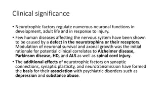 Clinical significance
• Neurotrophic factors regulate numerous neuronal functions in
development, adult life and in response to injury.
• Few human diseases affecting the nervous system have been shown
to be caused by a defect in the neurotrophins or their receptors.
Modulation of neuronal survival and axonal growth was the initial
rationale for potential clinical correlates to Alzheimer disease,
Parkinson disease, HD, and ALS as well as spinal cord injury.
• The additional effects of neurotrophic factors on synaptic
connections, synaptic plasticity, and neurotransmission have formed
the basis for their association with psychiatric disorders such as
depression and substance abuse.