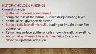 HISTOPATHOLOGIC FINDINGS
Corneal changes
• Epithelial thickness is decreased
• complete loss of the normal surface desquamating layer
• epithelial cell glycogen depletion
• Surface cells lose all microvilli, leading to impaired tear film
adherence
• Remaining surface epithelial cells show intracellular swelling.
• Abnormal synthesis of basal lamina helps to explain
defective epithelial adhesion
 
