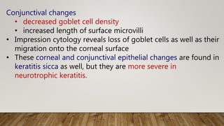 Conjunctival changes
• decreased goblet cell density
• increased length of surface microvilli
• Impression cytology reveals loss of goblet cells as well as their
migration onto the corneal surface
• These corneal and conjunctival epithelial changes are found in
keratitis sicca as well, but they are more severe in
neurotrophic keratitis.
 