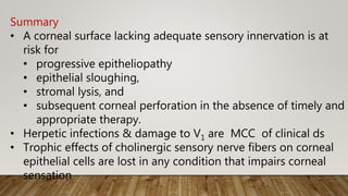 Summary
• A corneal surface lacking adequate sensory innervation is at
risk for
• progressive epitheliopathy
• epithelial sloughing,
• stromal lysis, and
• subsequent corneal perforation in the absence of timely and
appropriate therapy.
• Herpetic infections & damage to V1 are MCC of clinical ds
• Trophic effects of cholinergic sensory nerve fibers on corneal
epithelial cells are lost in any condition that impairs corneal
sensation
 