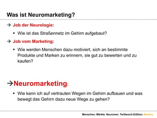Was ist Neuromarketing?Job der Neurologie:Wie ist das Straßennetz im Gehirn aufgebaut?Job vom Marketing:Wie werden Menschen dazu motiviert, sich an bestimmte Produkte und Marken zu erinnern, sie gut zu bewerten und zu kaufen?Neuromarketing: