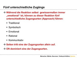 „Emotionalität“Neuronale Aktivität ist individuell und hochkomplex.Gewissermaßen findet jeder neuronale Prozess einen „emotionalen“ Abschluss und wird  „emotional“ bewertet. Das Gehirn belohnt sich oder man fühlt sich schlecht.„swing!“ReizMenschen. Märkte. Neuronen. Twittwoch-Edition.