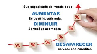 AUMENTAR
Se você investir nela.
Sua capacidade de venda pode
DIMINUIR
Se você se acomodar.
DESAPARECER
Se você não acreditar.
 