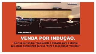 VENDA POR INDUÇÃO.
Em vez de vender, você facilita o trabalho para o cliente,
que acaba comprando por sua “livre e espontânea vontade.”
 