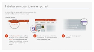 Trabalhar em conjunto em tempo real
Ao compartilhar sua apresentação com outras pessoas, elas
poderão trabalhar com você ao mesmo tempo.
Como isso funciona:
1 Escolha Compartilhar acima da Faixa
de Opções ou use as teclas de atalho
Alt+ZS para convidar pessoas para
trabalhar com você (nesse momento,
você pode salvar o trabalho na
nuvem.)
2 Quando outras pessoas estiverem na
apresentação, um marcador mostrará
quem está em qual slide…
3 ... e a parte do slide que está
editando.
 