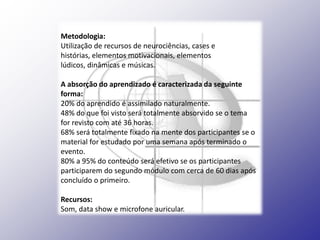 Metodologia:
Utilização de recursos de neurociências, cases e
histórias, elementos motivacionais, elementos
lúdicos, dinâmicas e músicas.

A absorção do aprendizado é caracterizada da seguinte
forma:
20% do aprendido é assimilado naturalmente.
48% do que foi visto será totalmente absorvido se o tema
for revisto com até 36 horas.
68% será totalmente fixado na mente dos participantes se o
material for estudado por uma semana após terminado o
evento.
80% a 95% do conteúdo será efetivo se os participantes
participarem do segundo módulo com cerca de 60 dias após
concluído o primeiro.

Recursos:
Som, data show e microfone auricular.
 